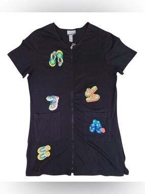 CZ Y2K Flip Flop Zip Top Beachy Embroidered Black Cotton Vacationcore Coverup XL
